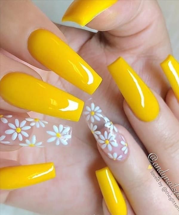 Vibrant Yellow Floral Nails