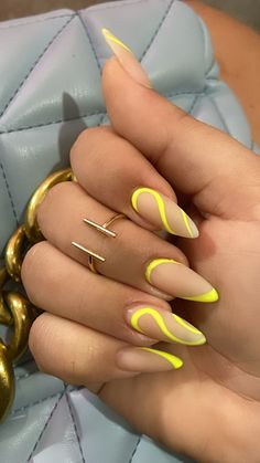 Artistic Nude and Neon Yellow Nails
