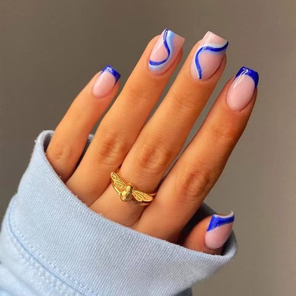 Artistic Blue and Nude Nails