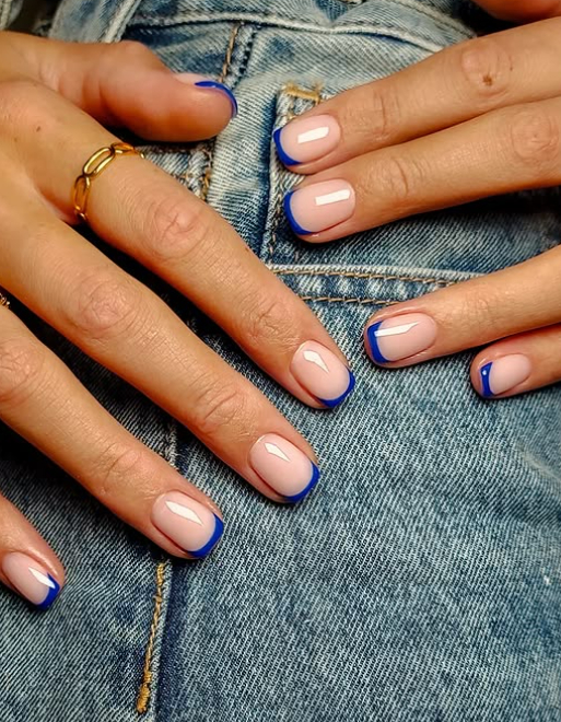 Nude and Blue French Tip Nails