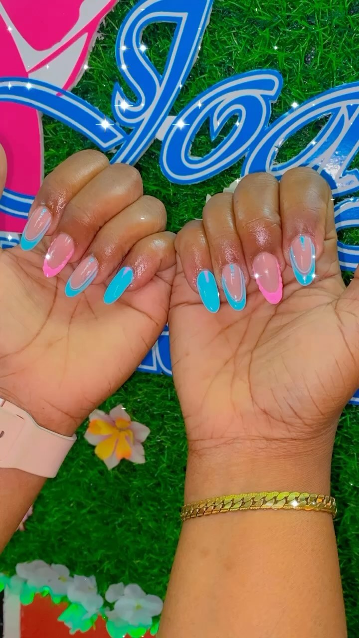 Colorful Nail Art with Blue and Pink Accents
