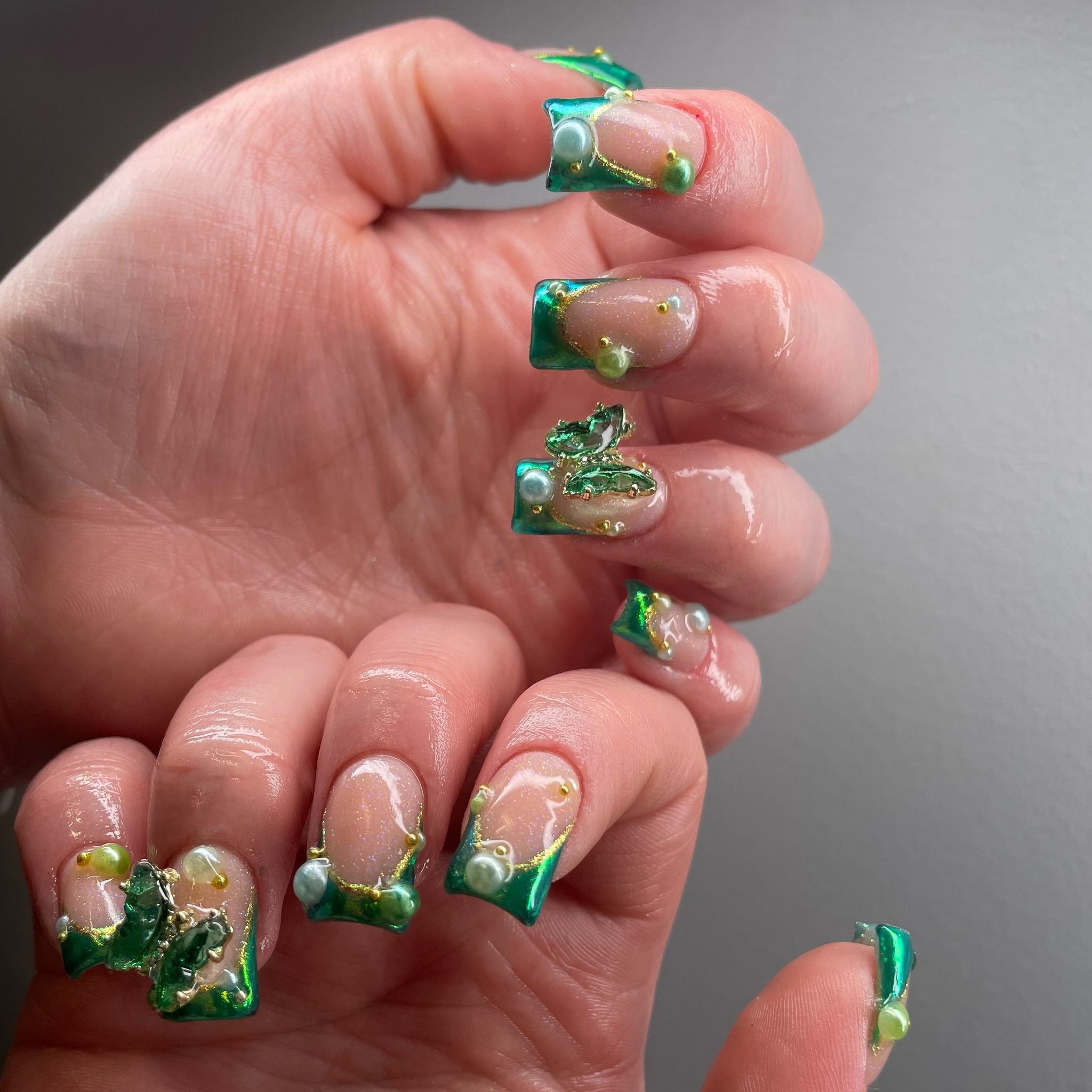 Artistic Green and Nude Nails
