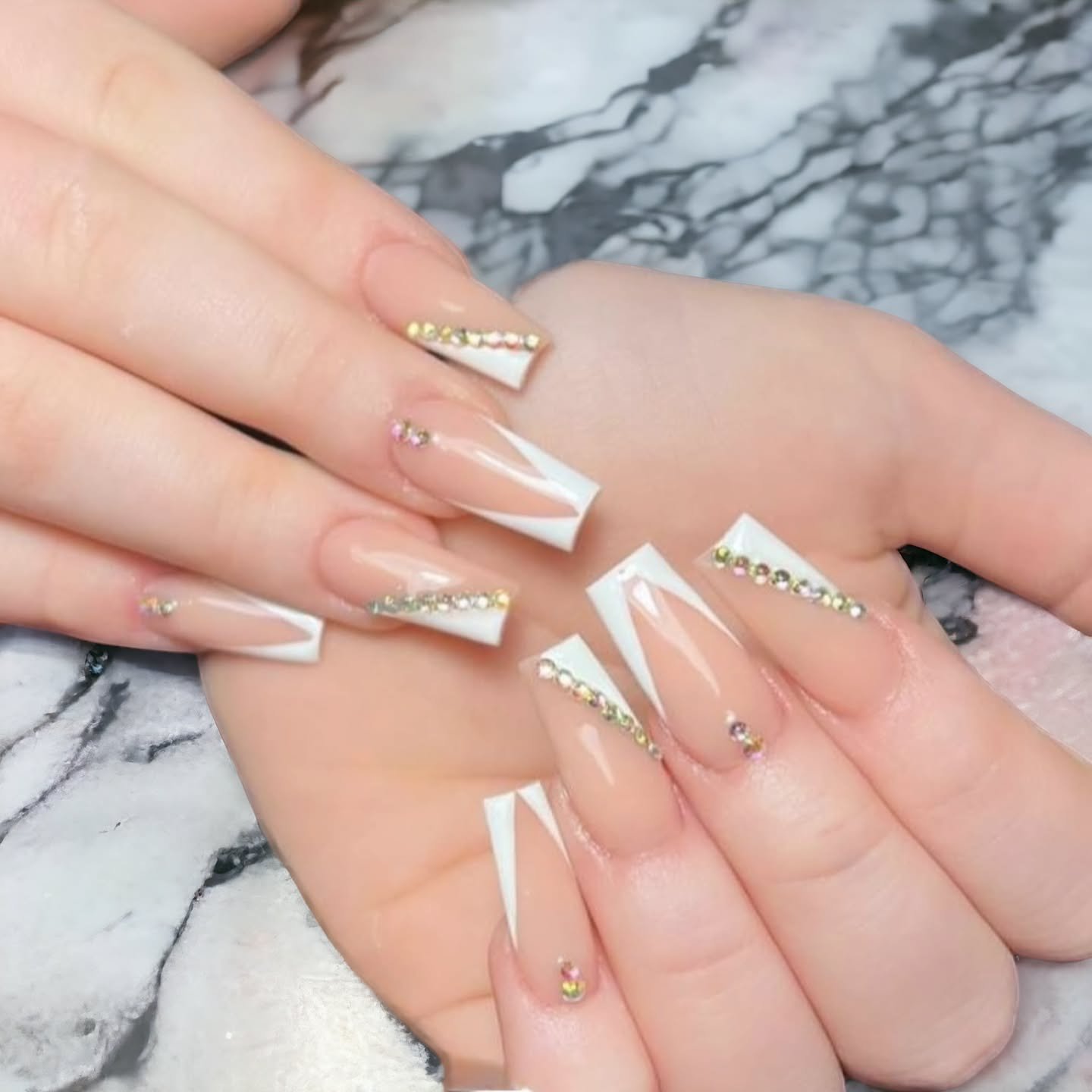 Stylish Nude and White Nails with Gems