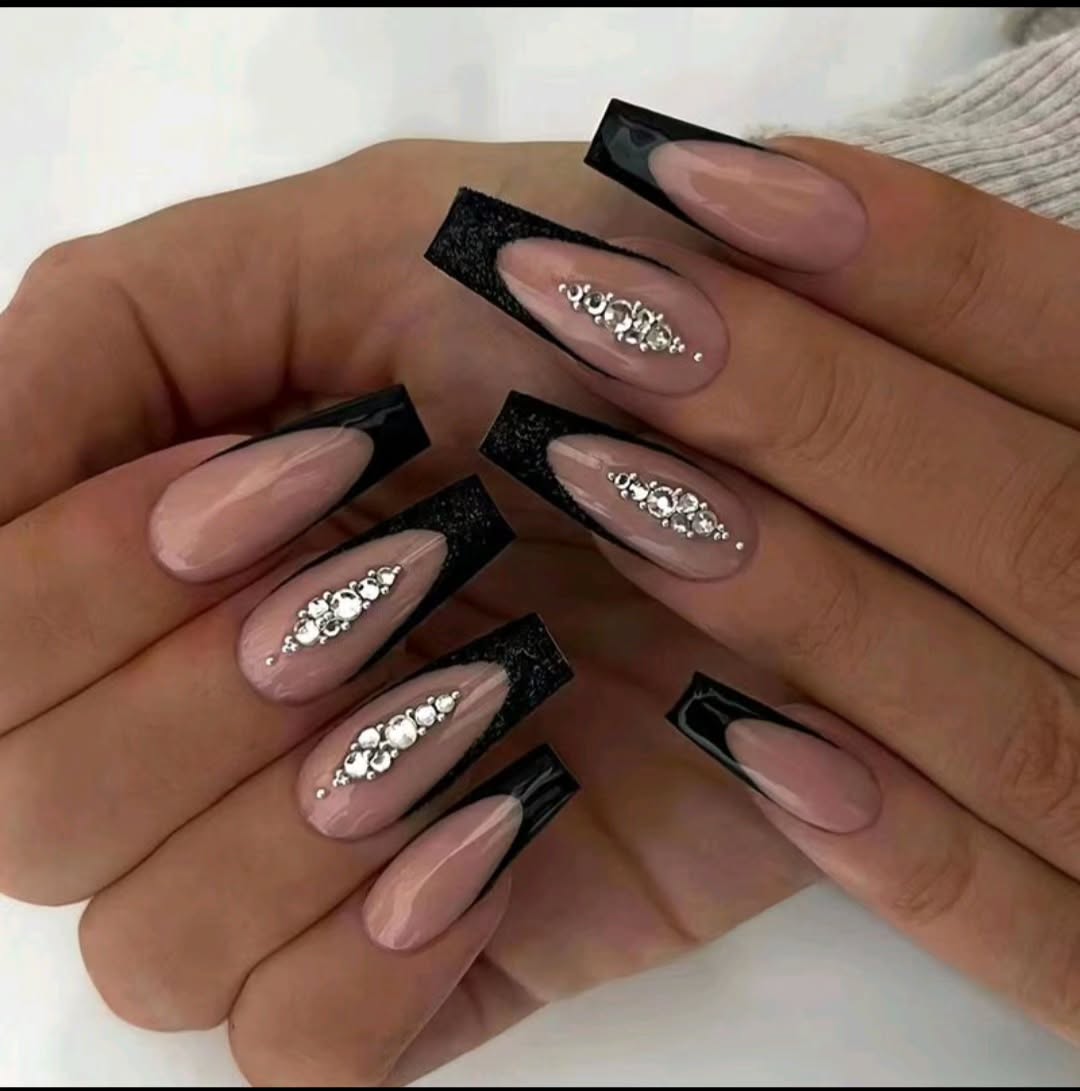 Stylish Black and Nude Nails with Rhinestones