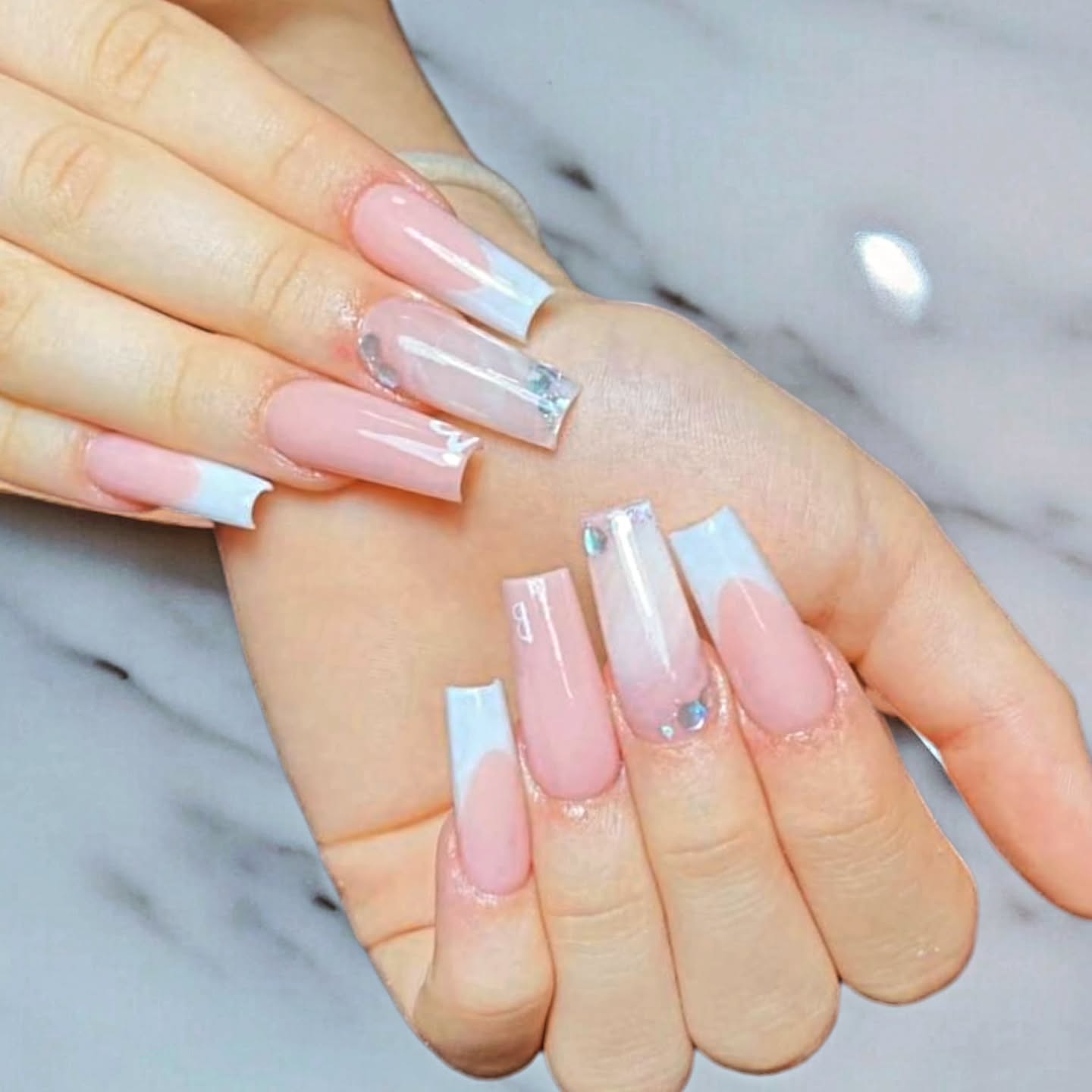 Elegant Pink Ombre Nails with Clear Accents