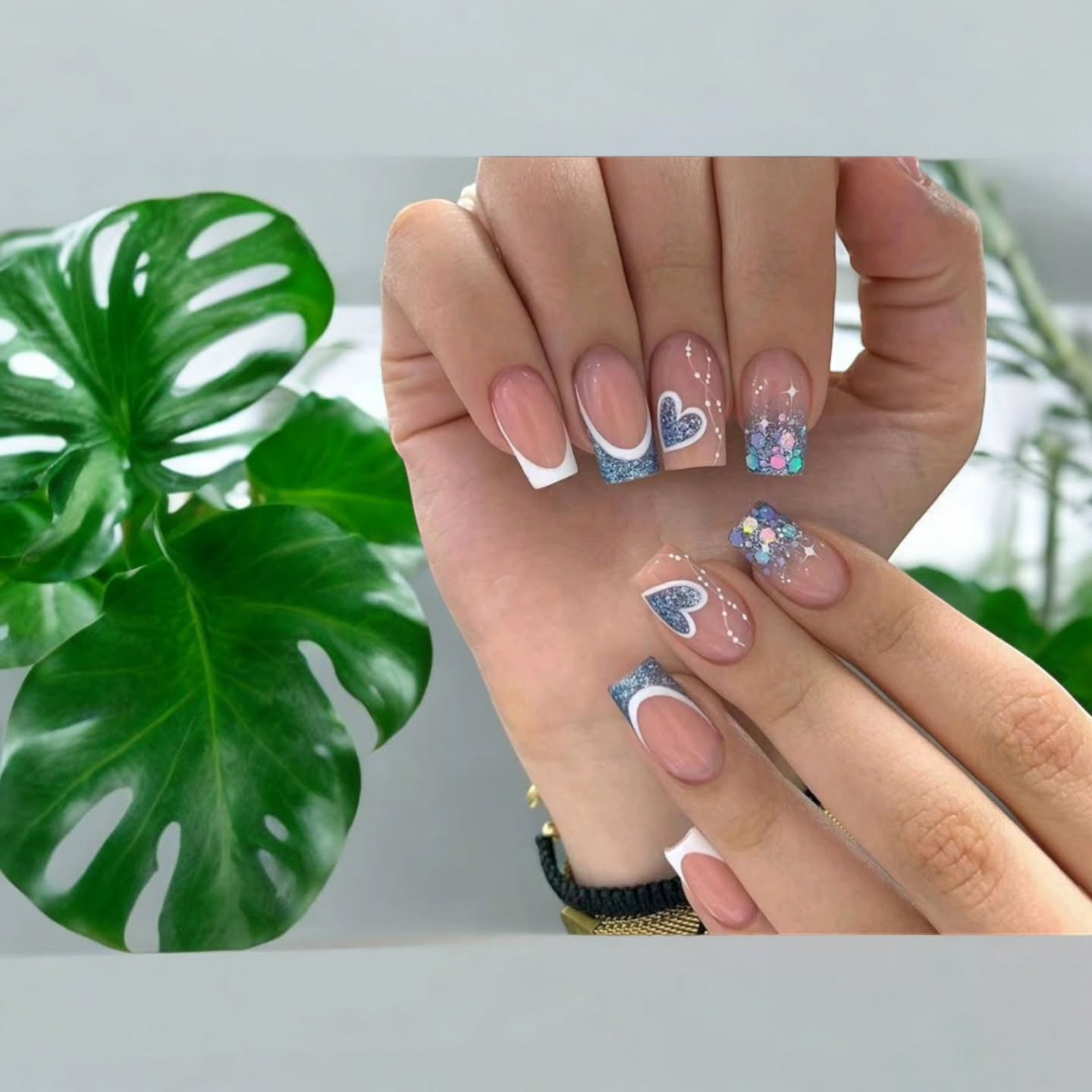 Beautiful Glitter and Heart Nail Art