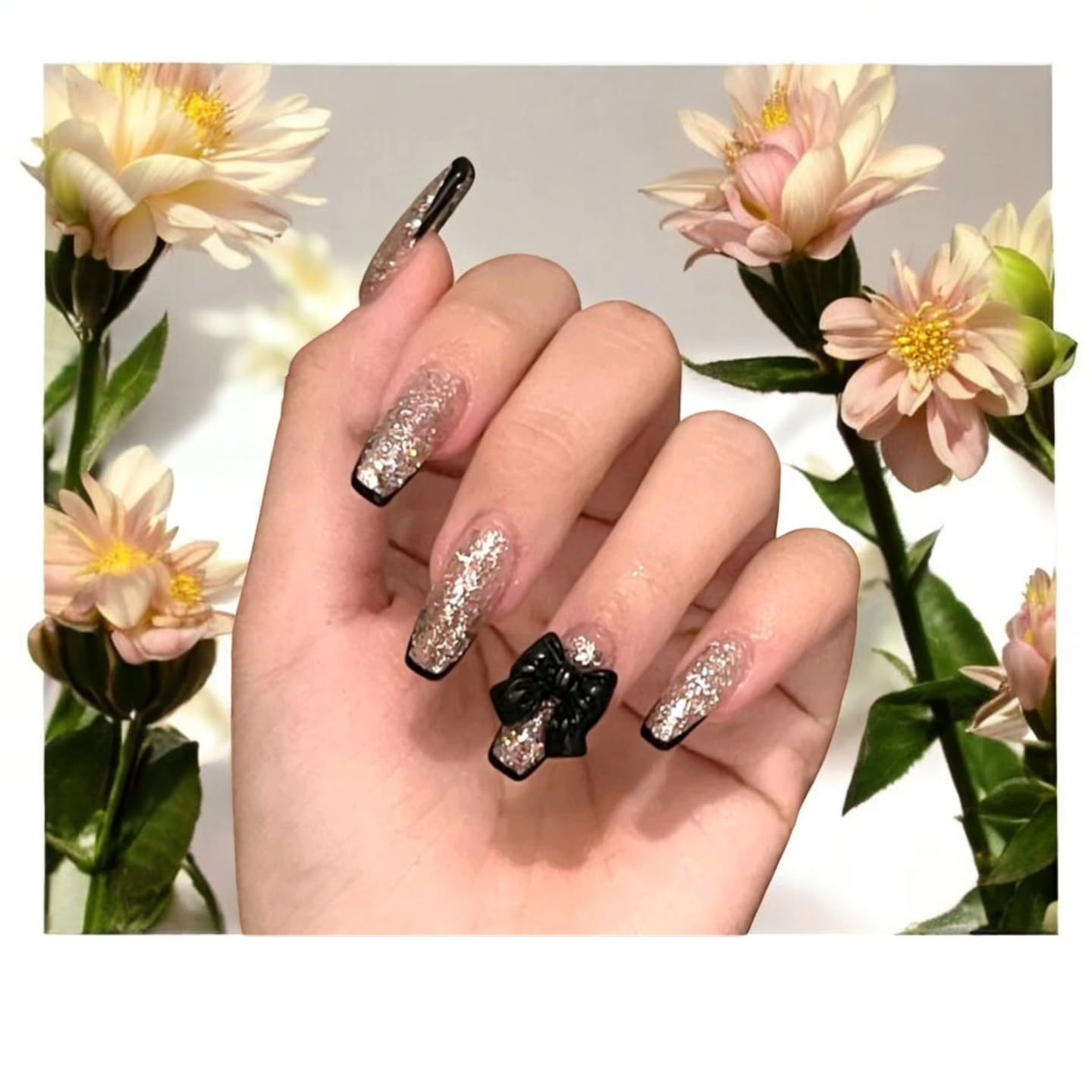Elegant Glittery Nails with Bow