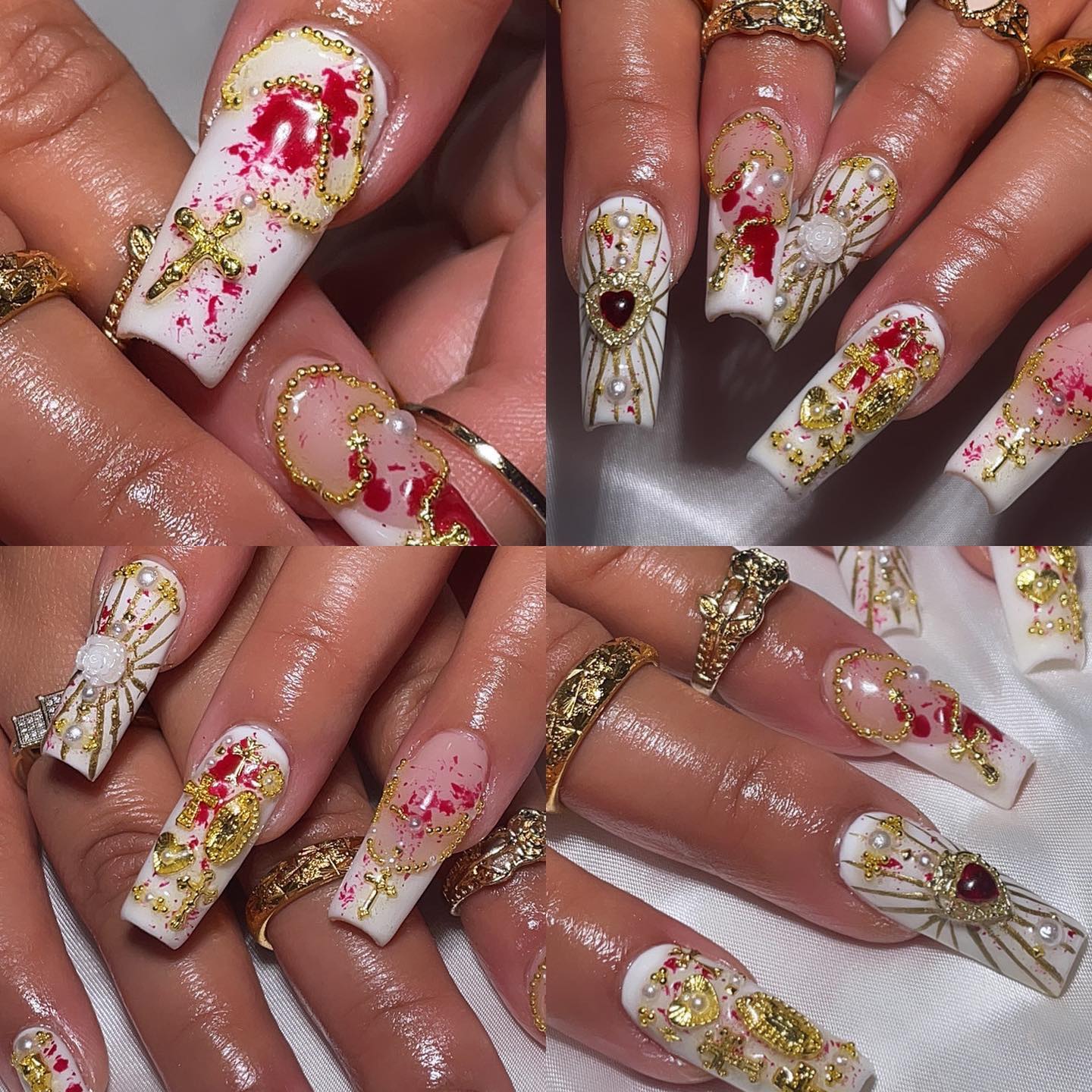 Artistic Gold and Red Nail Design