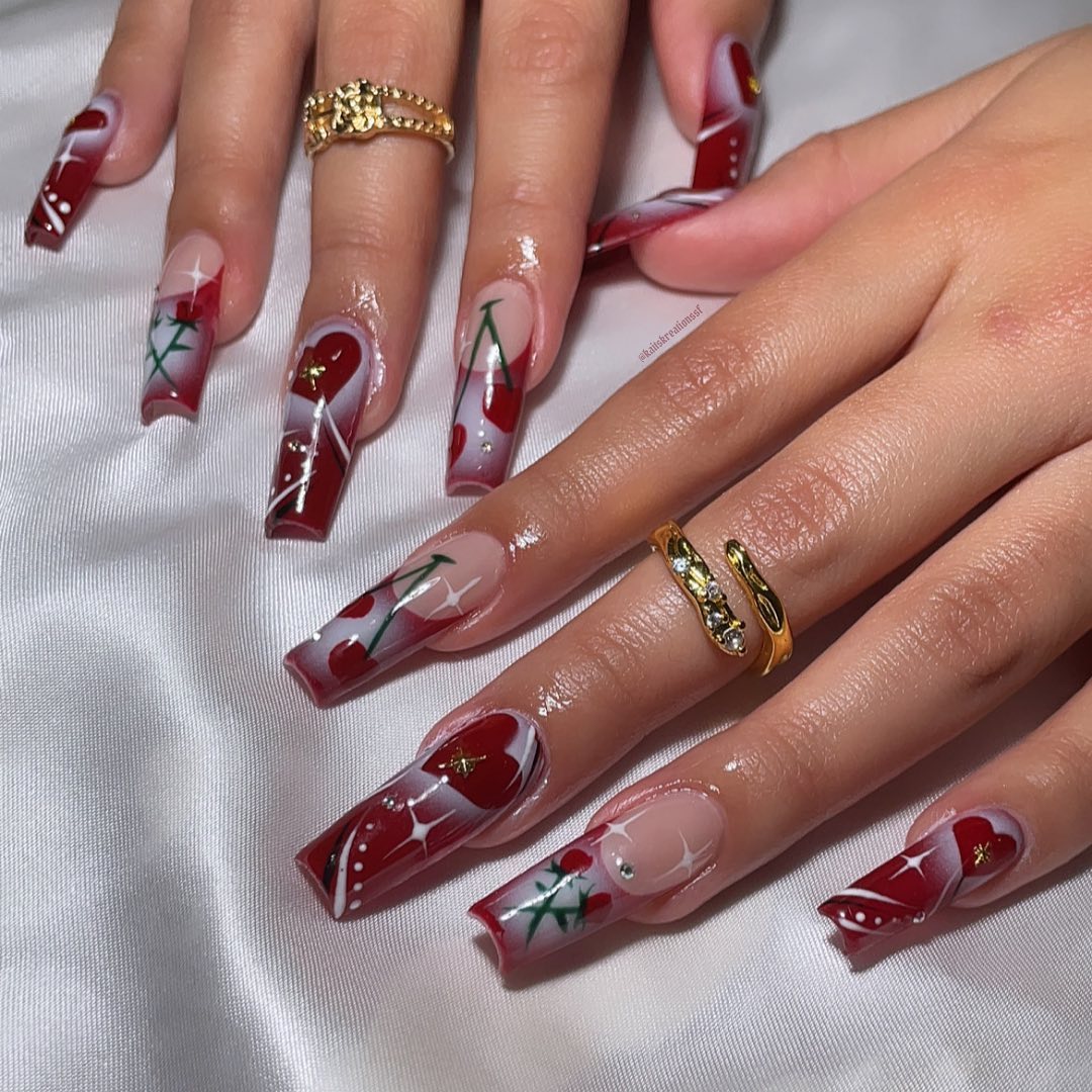 Artistic Red Cherry Nails
