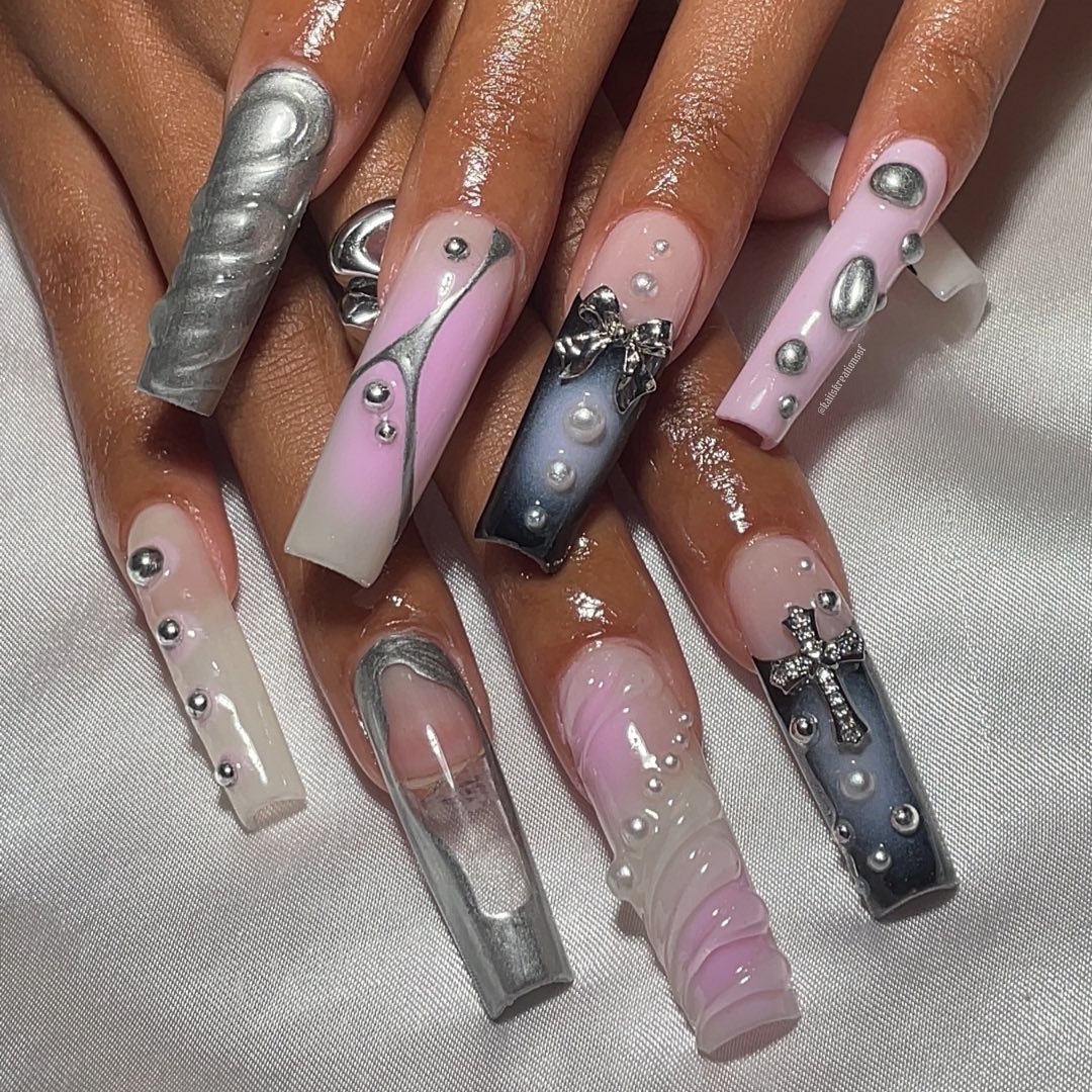 Stylish Pink and Silver Long Nails