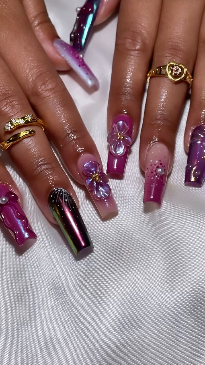 Artistic Floral Nails with Rhinestones