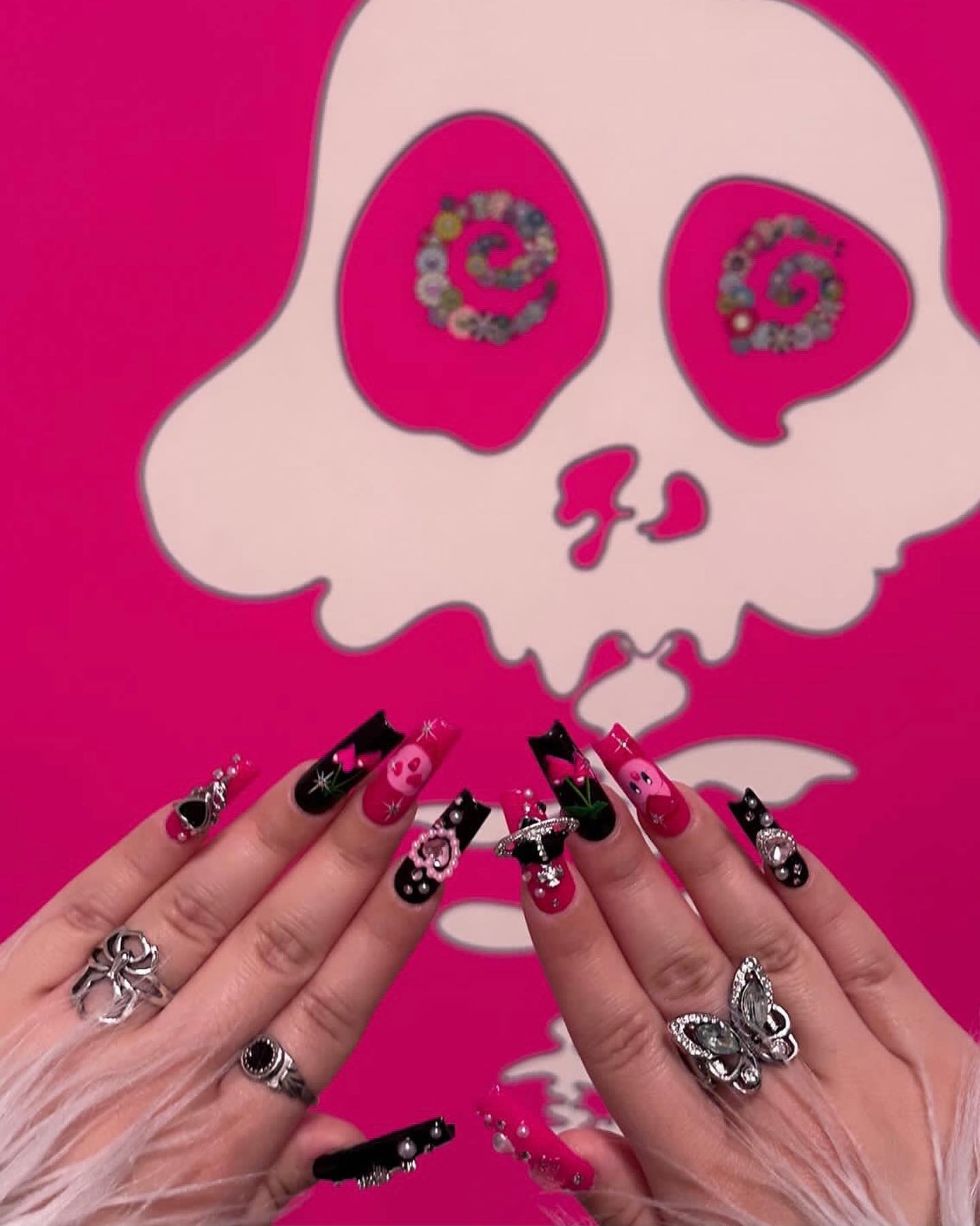 Vibrant Skull-Themed Nail Art