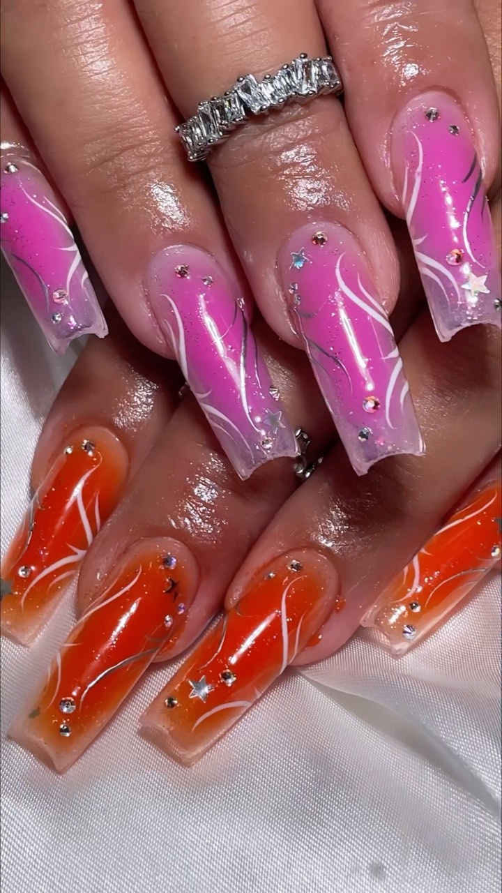 Colorful Gradient Nails with Gems