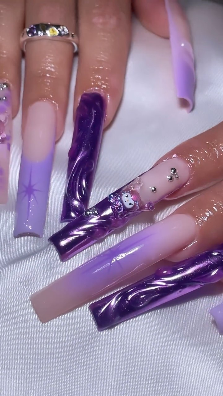 Purple and Nude Nail Art with Gems
