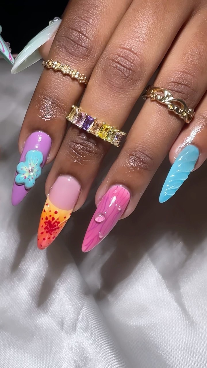 Colorful Artistic Stiletto Nails with Gems