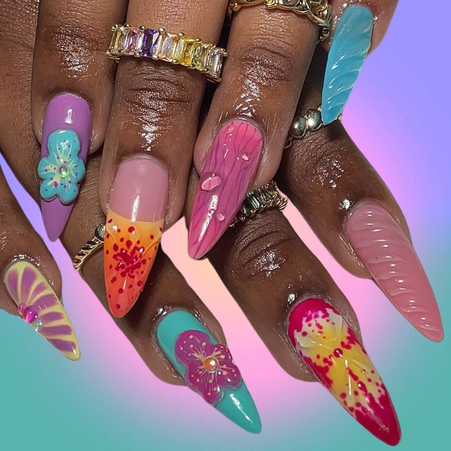Colorful Floral Stiletto Nails