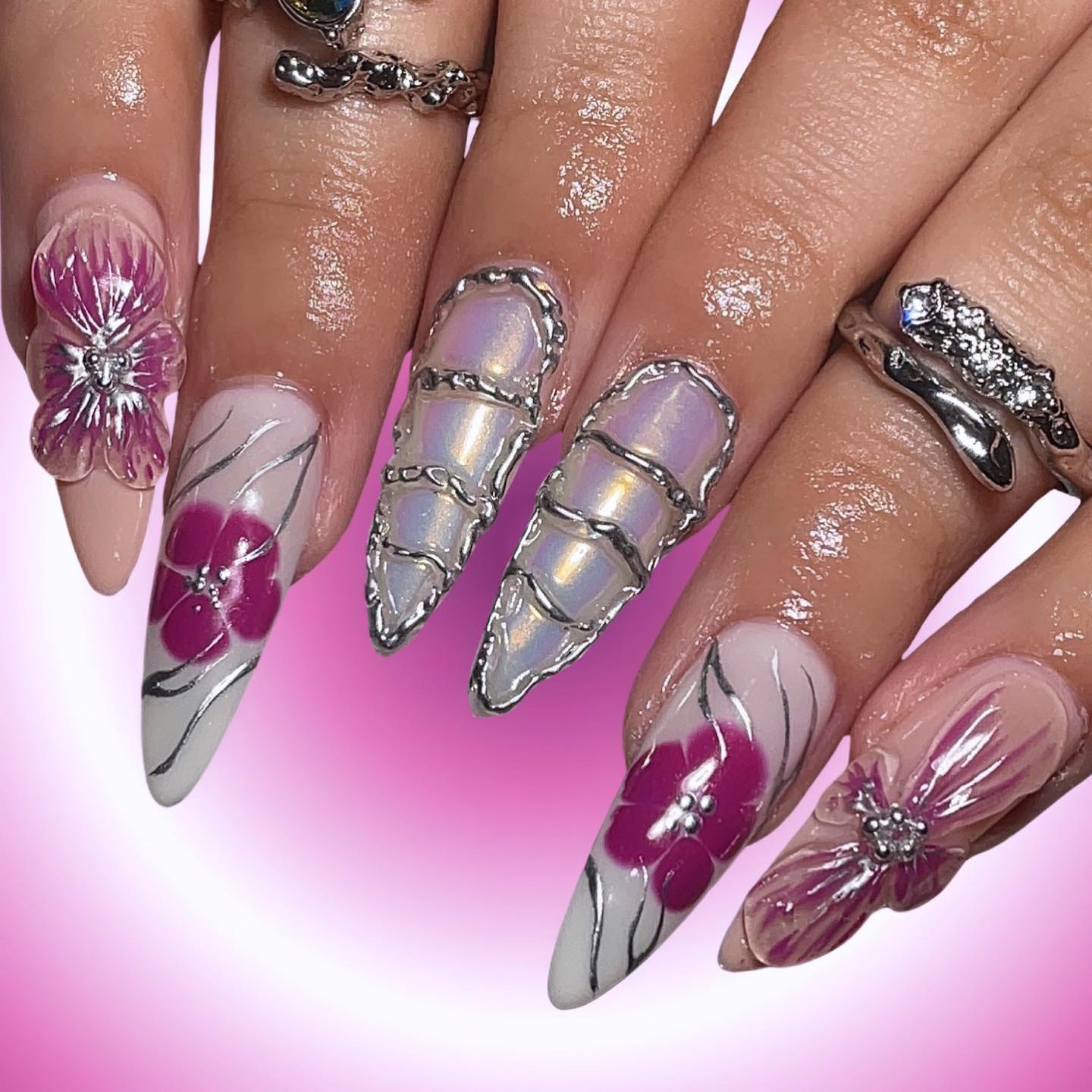 Floral Artistic Stiletto Nails