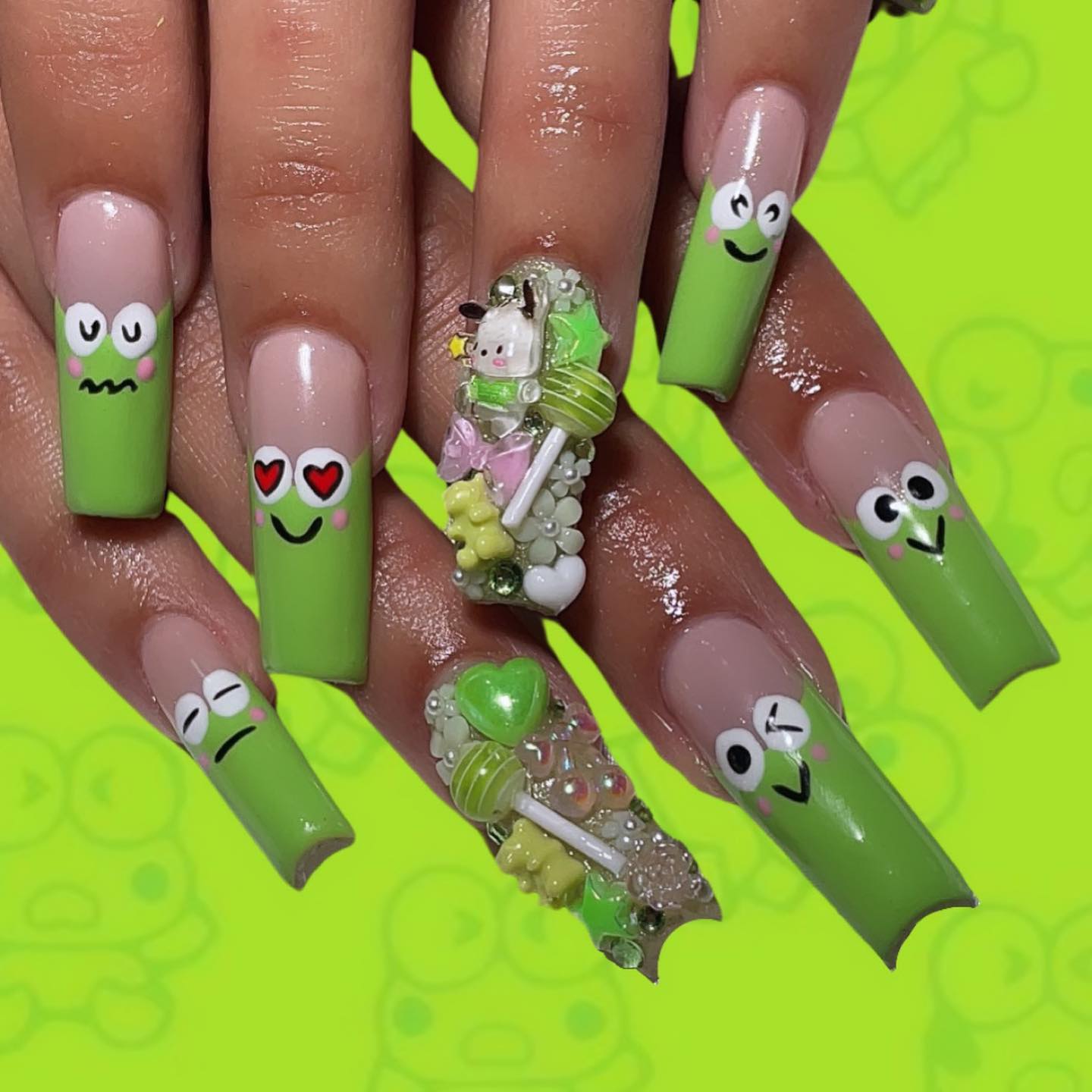 Cute Green Character Nail Art