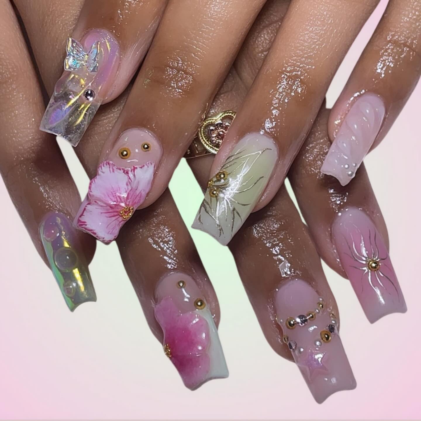 Artistic Floral Nails with Gems
