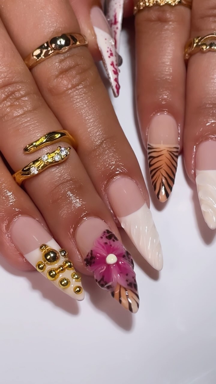 Stylish Nail Art with Floral and Animal Prints