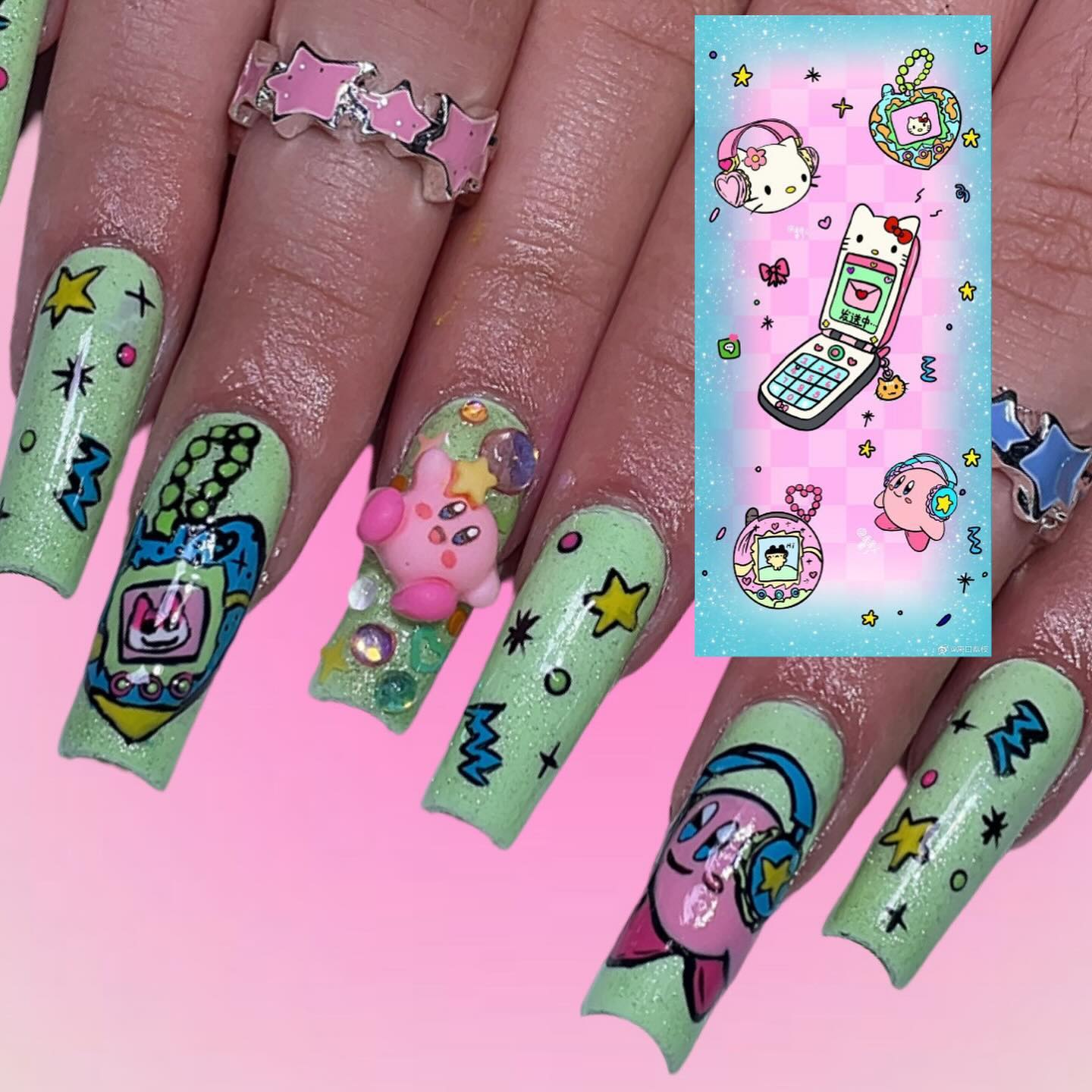 Vibrant Kirbys and Stars Nail Art
