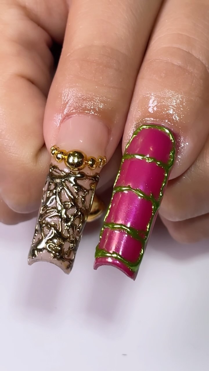 Artistic Pink and Gold Nails