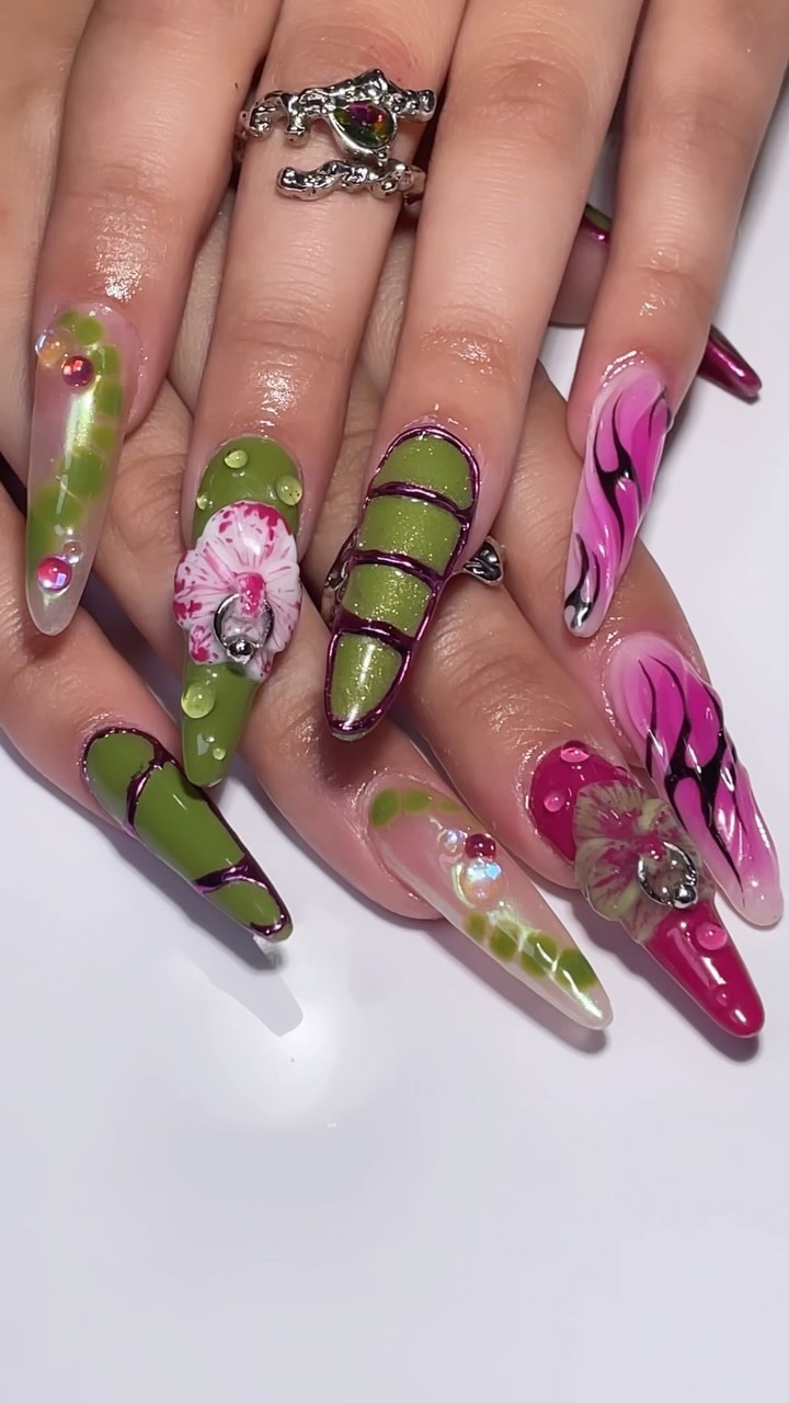 Artistic Green and Pink Nails with Floral Design