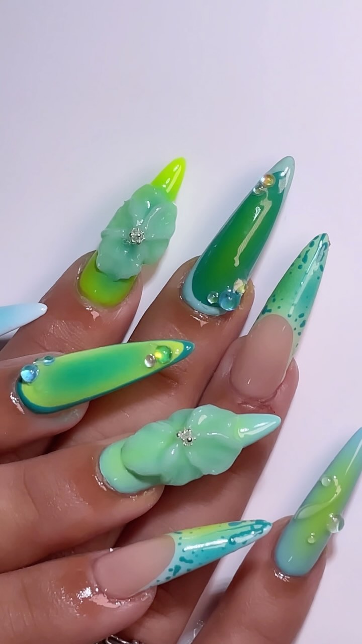Artistic Floral Green Stiletto Nails