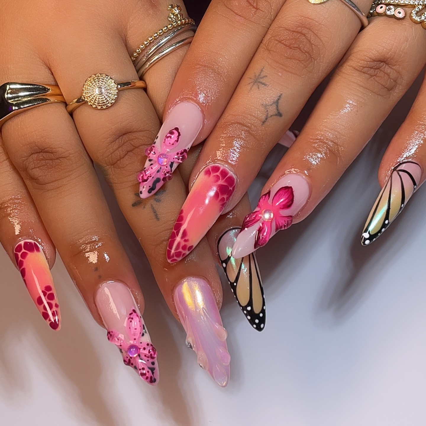 Flower and Gem Nail Art