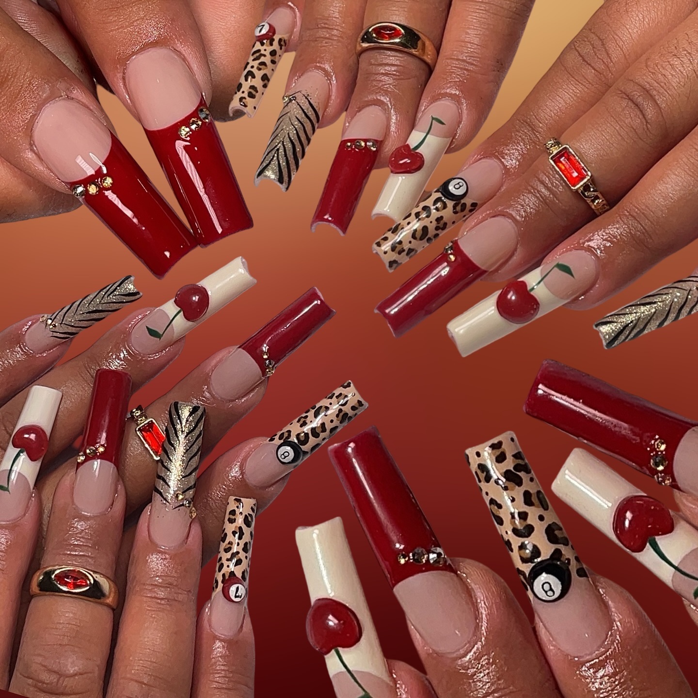 Artistic Red and Nude Nails with Patterns