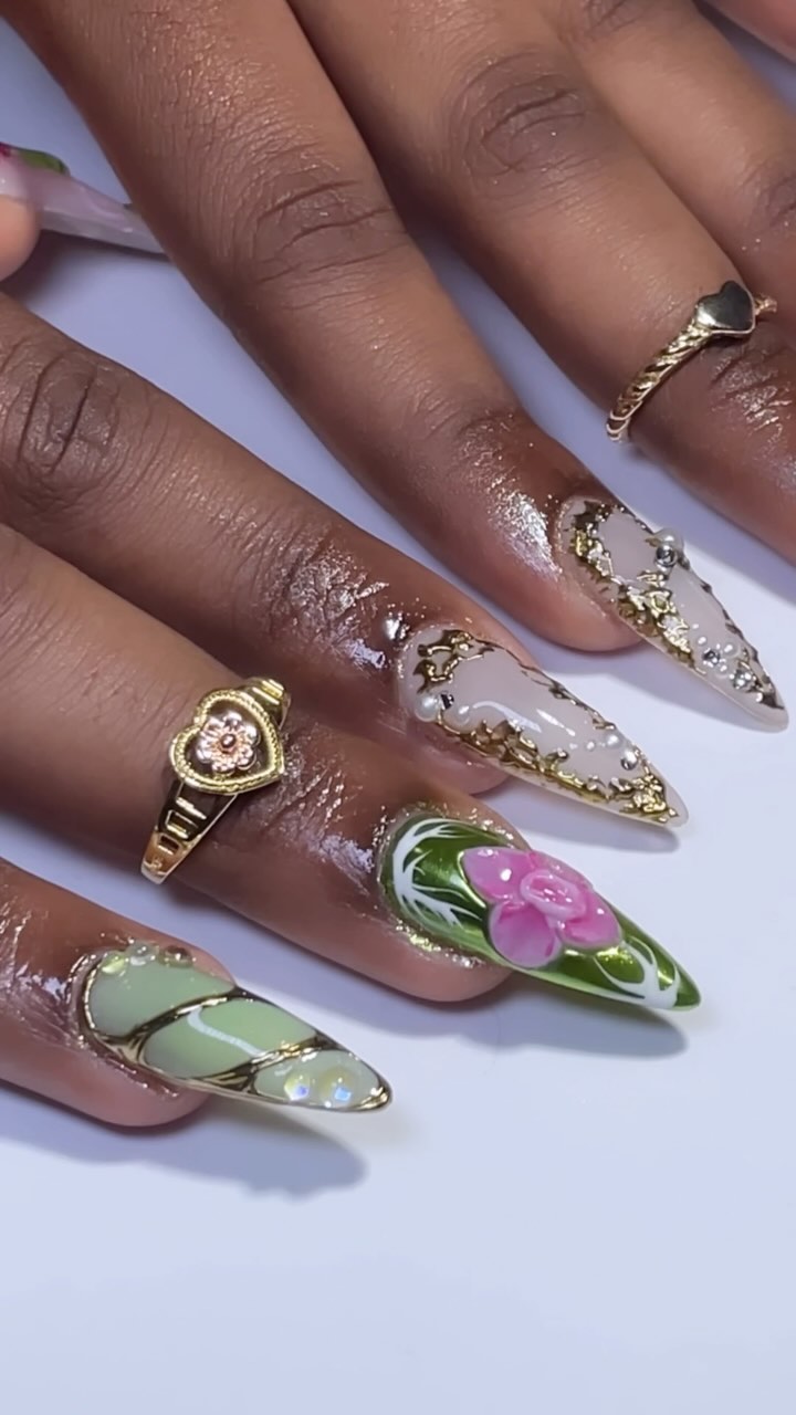 Artistic Green and Pink Floral Nail Design