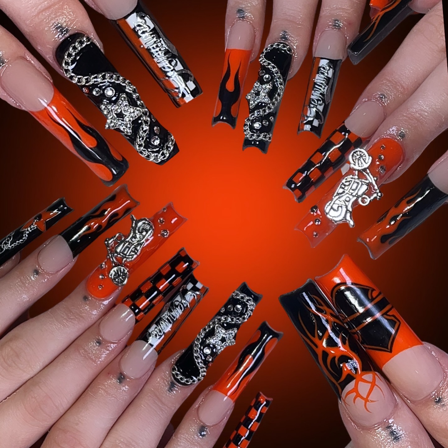 Stylish Black and Orange Flame Nails