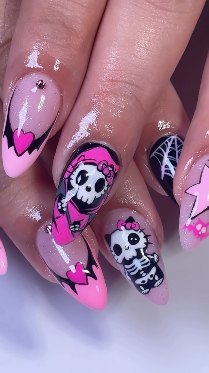 Skull and Heart Themed Nails