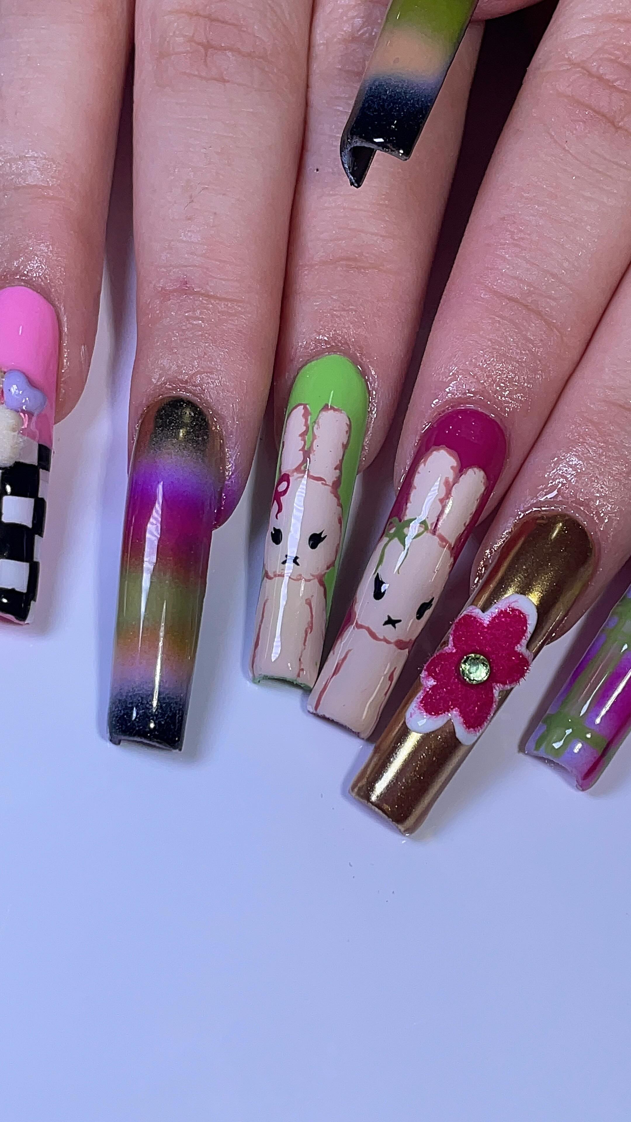 Colorful Artistic Nails with Bunny Designs