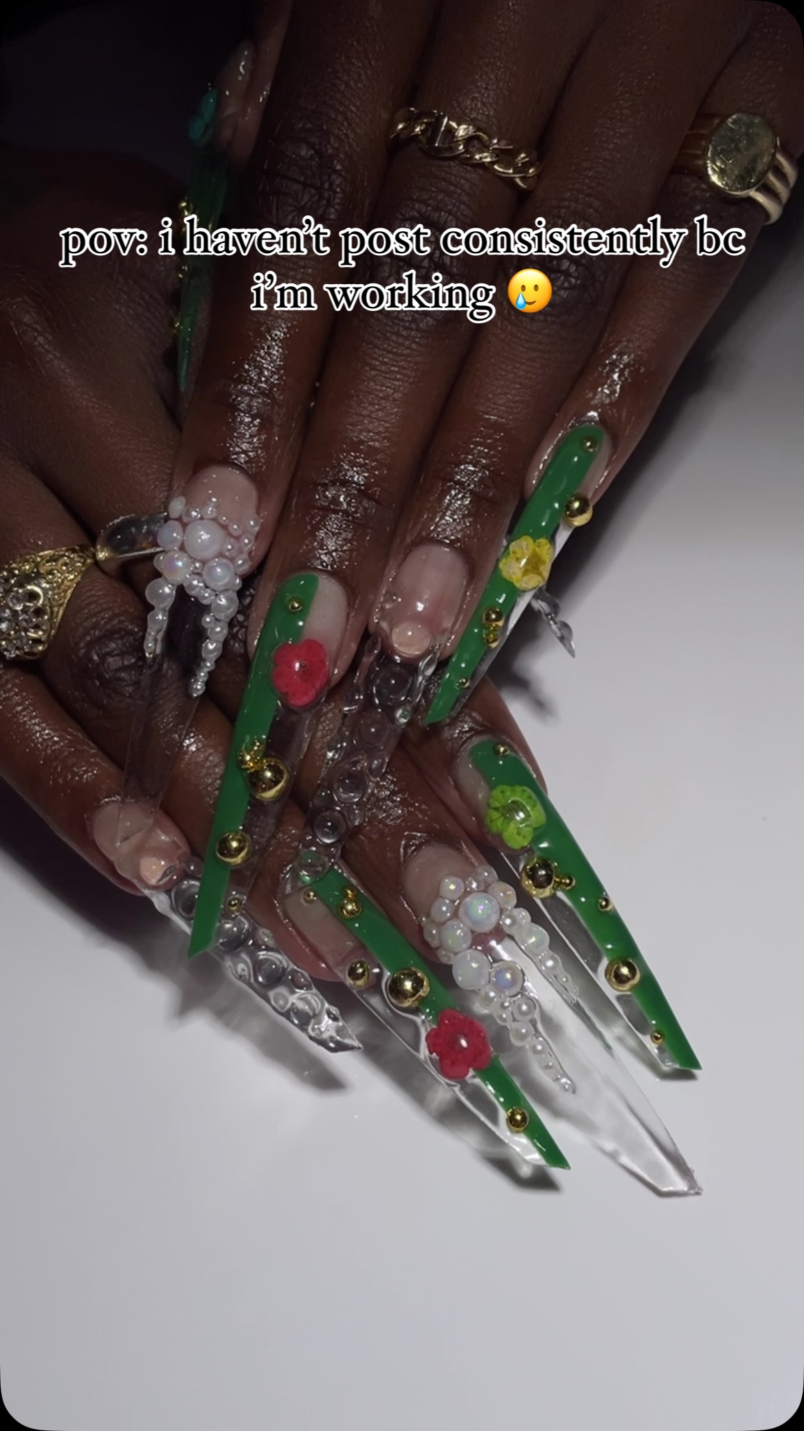 Artistic Green and Clear Nails