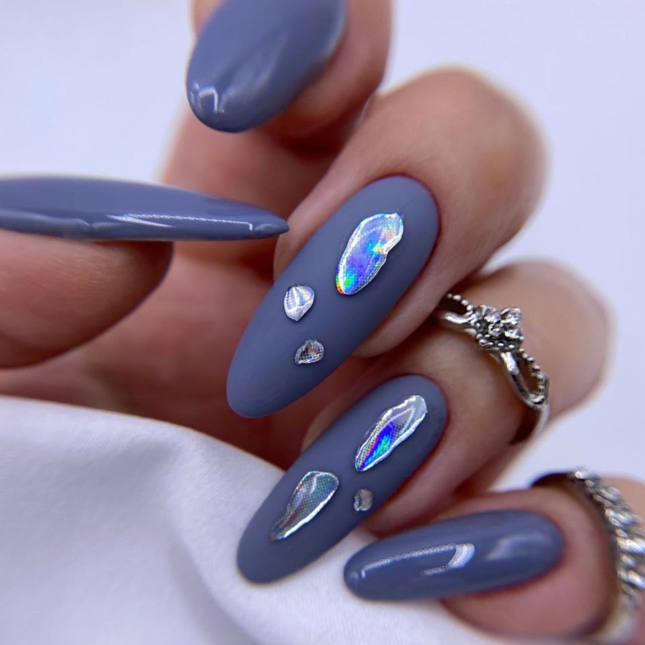 Artistic Gray Nails with Rhinestones
