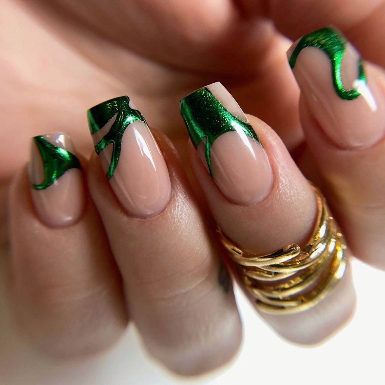 Stylish Green and Nude Nails