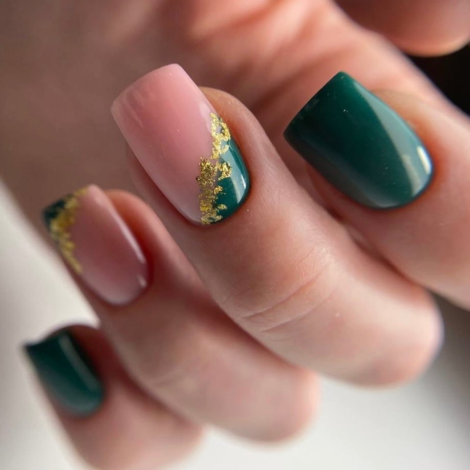 Elegant Green and Pink Nails with Gold Accent