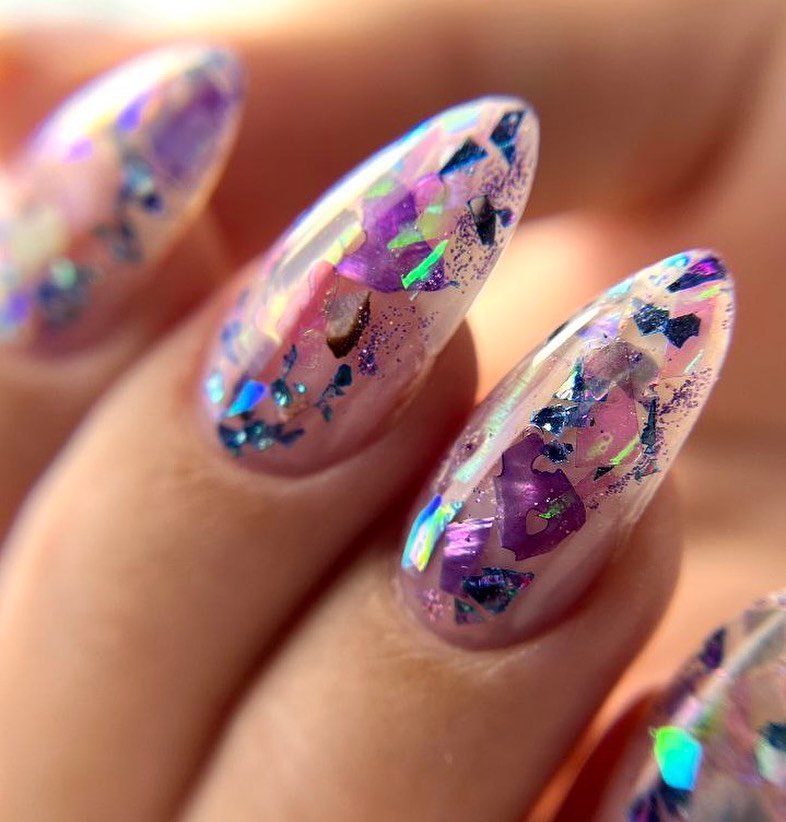 Sparkling Stiletto Nails with Iridescent Flakes