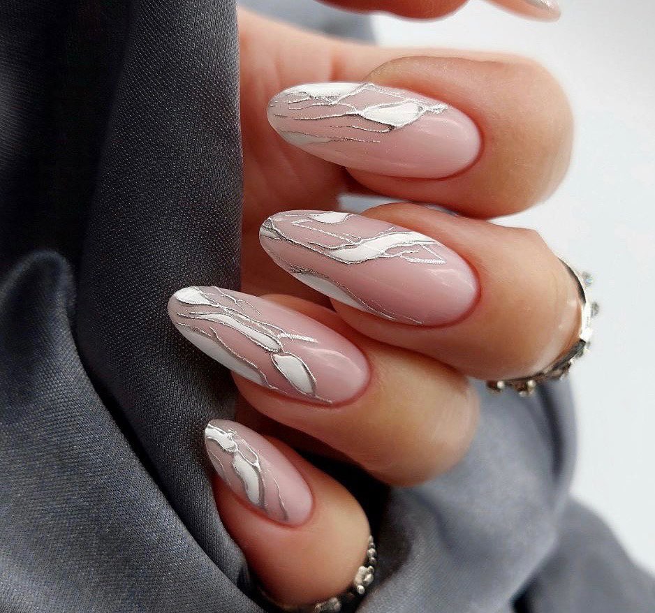 Elegant Silver-Patterned Nude Nails