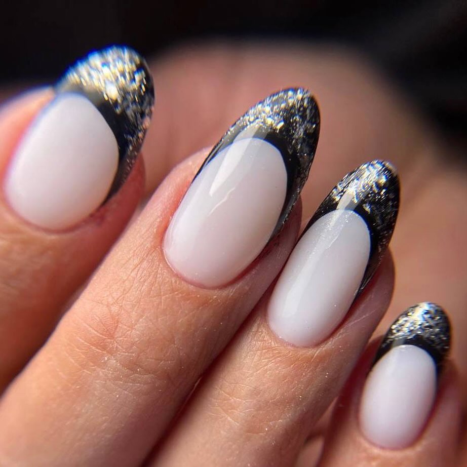 Elegant Black Glitter French Nails