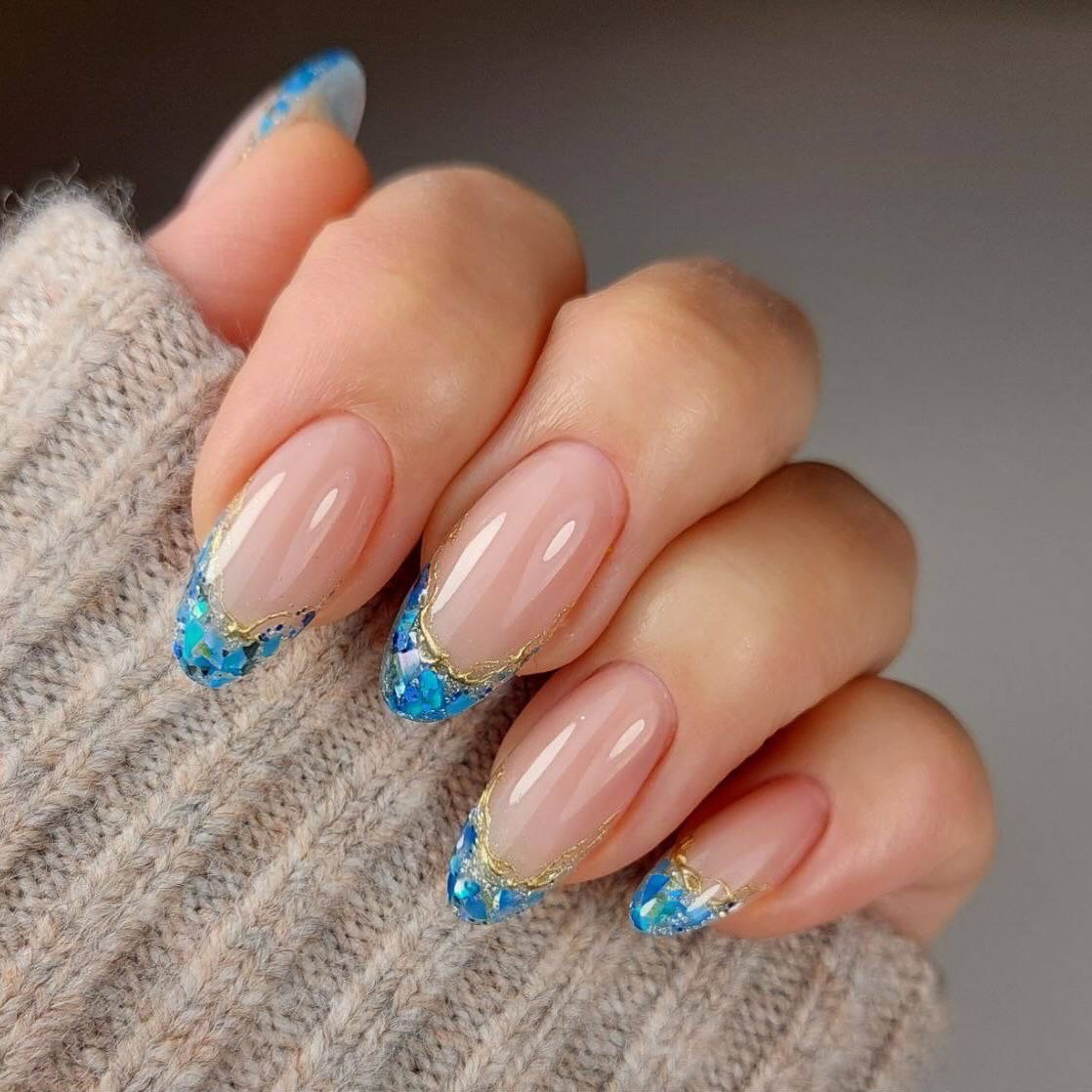 Elegant Blue French Tips with Glitter