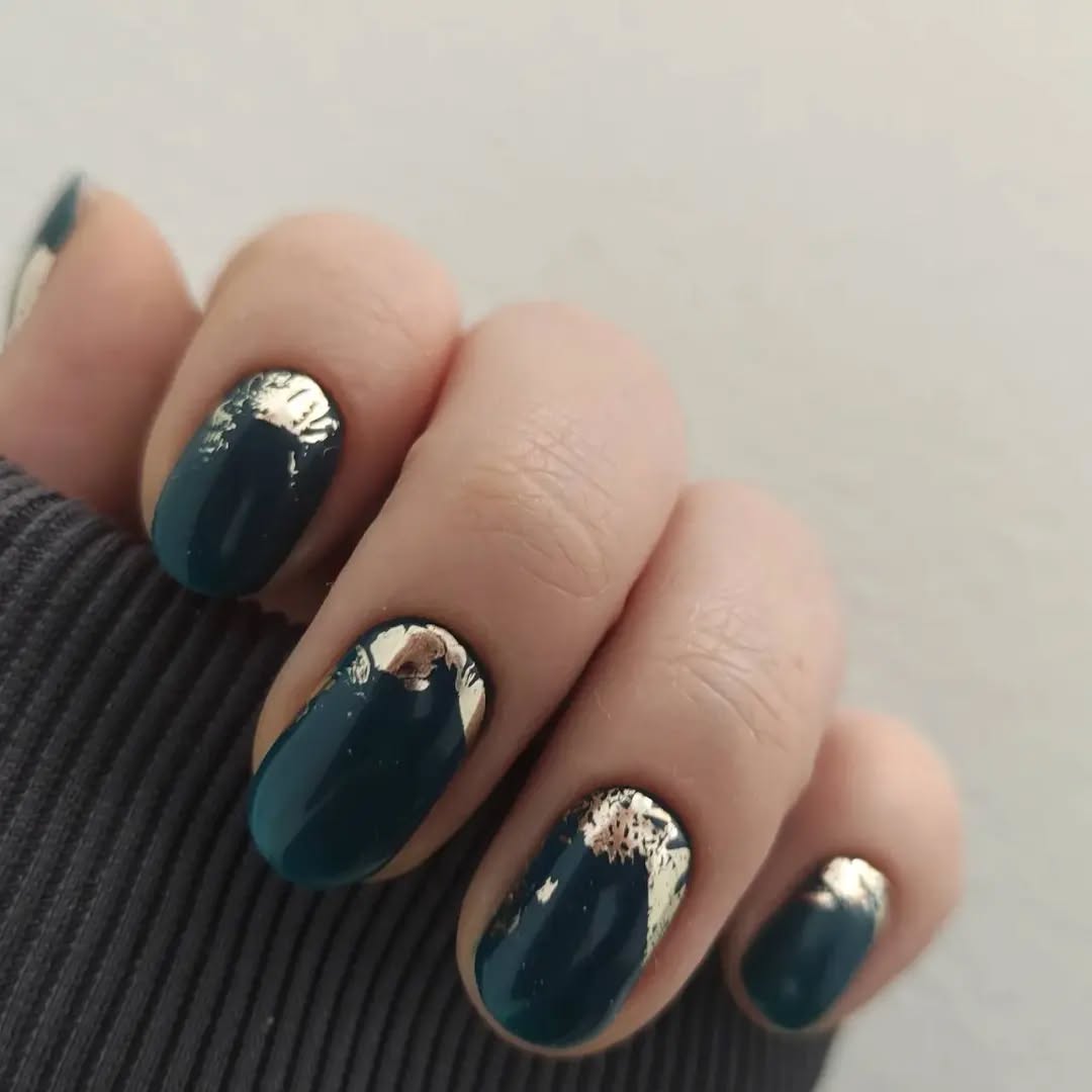 Artistic Dark Green and Gold Nails