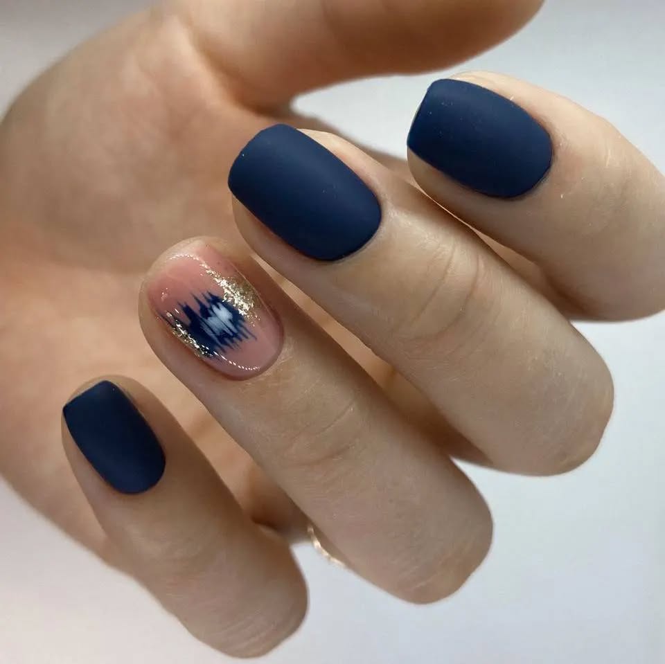 Elegant Matte Blue Nails with Artistic Accent