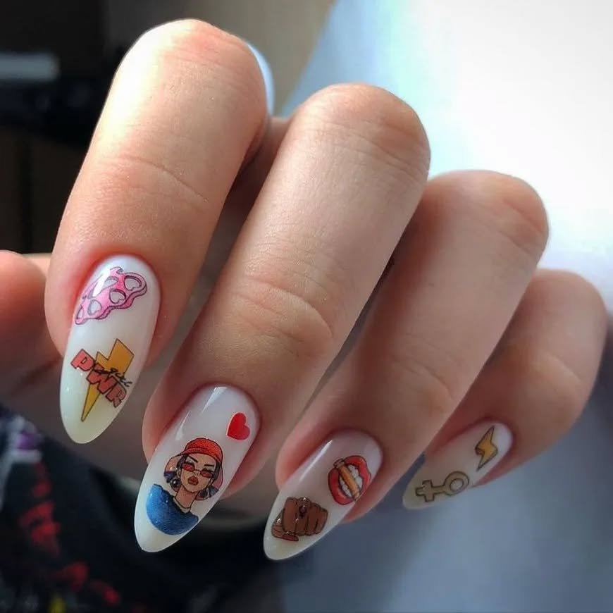 Artistic Stiletto Nails with Stickers