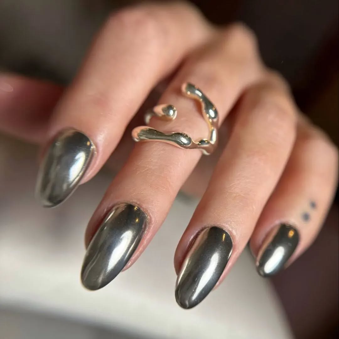 Metallic Gray Nails with Artistic Ring