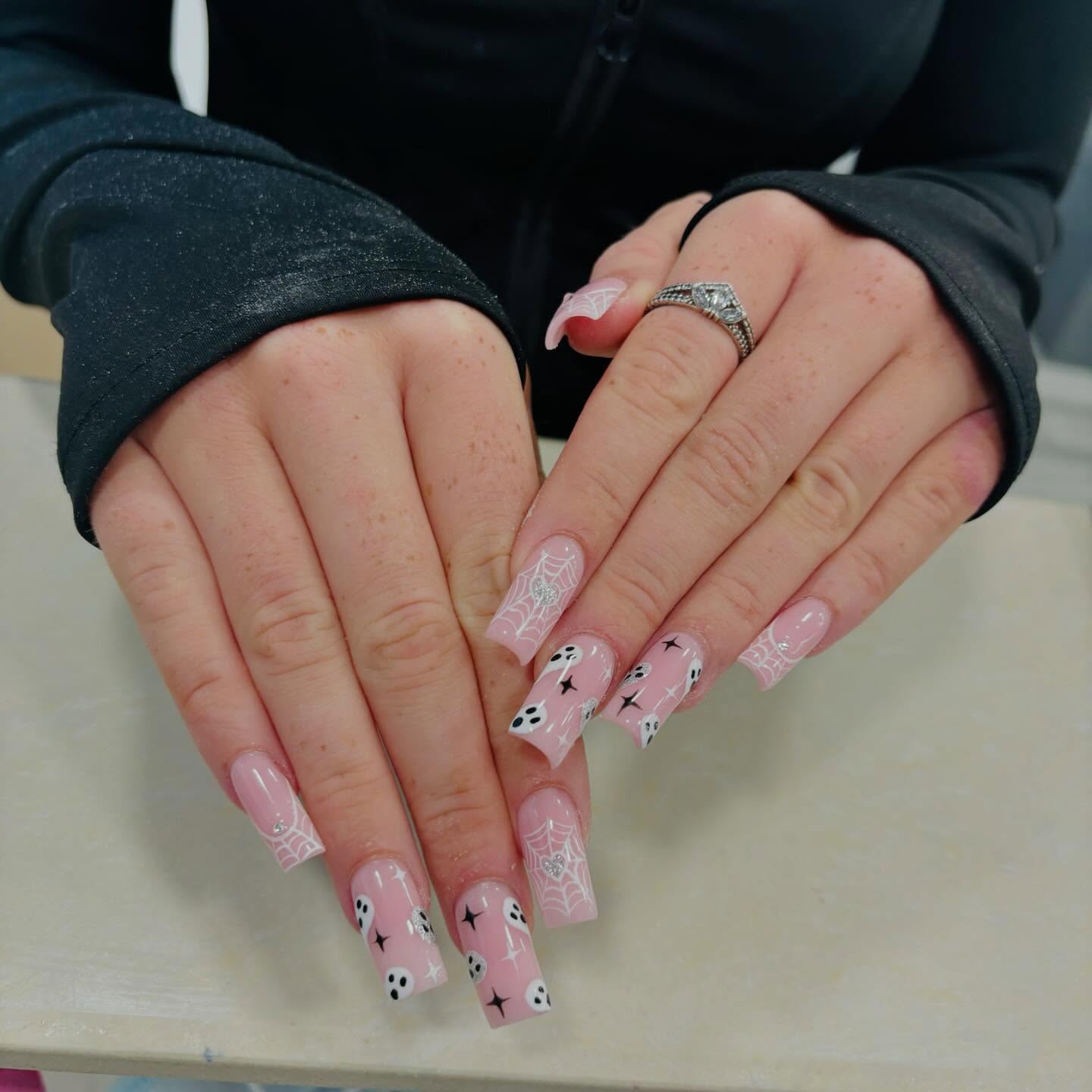 Pink Nails with Halloween Theme