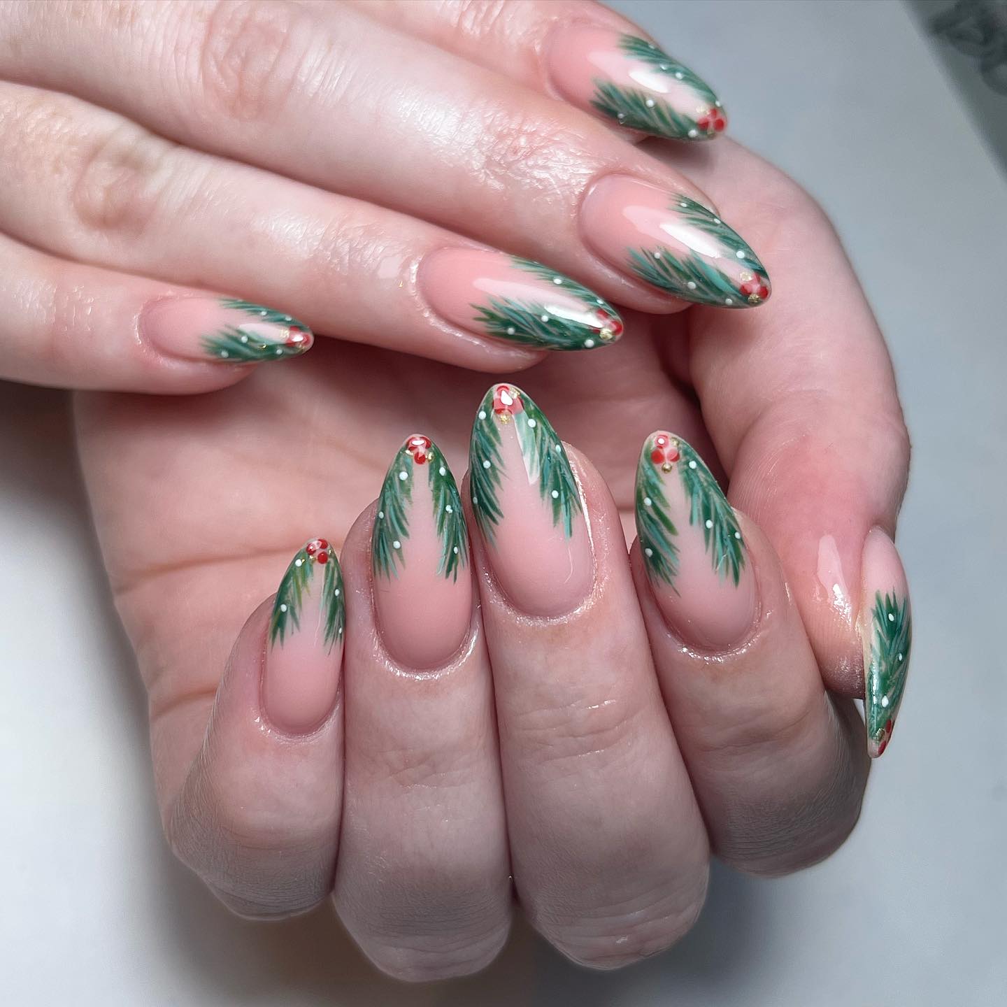 Holiday Themed Nails with Pine and Berries