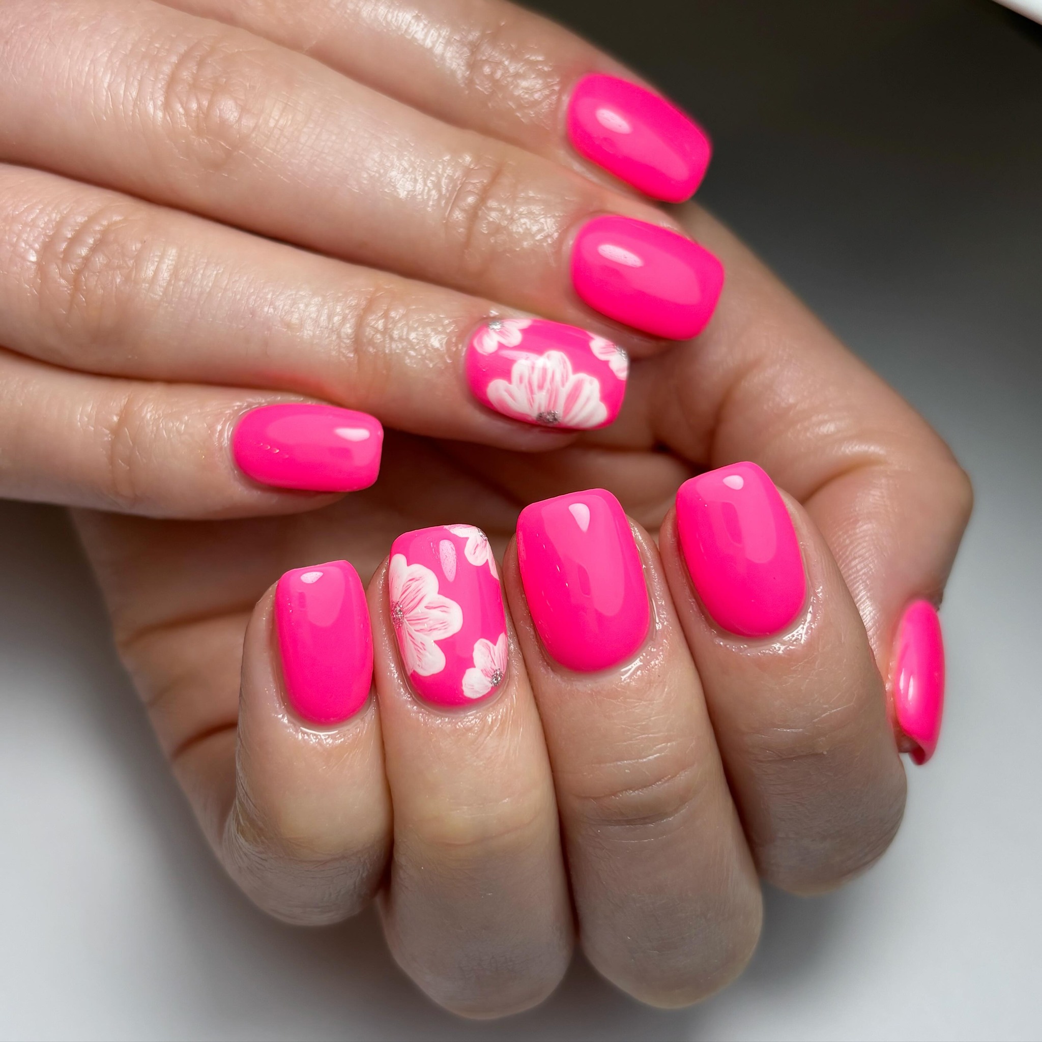 Bright Pink Floral Nails