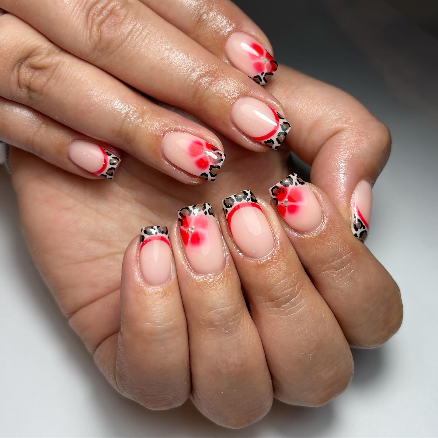 Artistic Floral French Tips with Animal Print